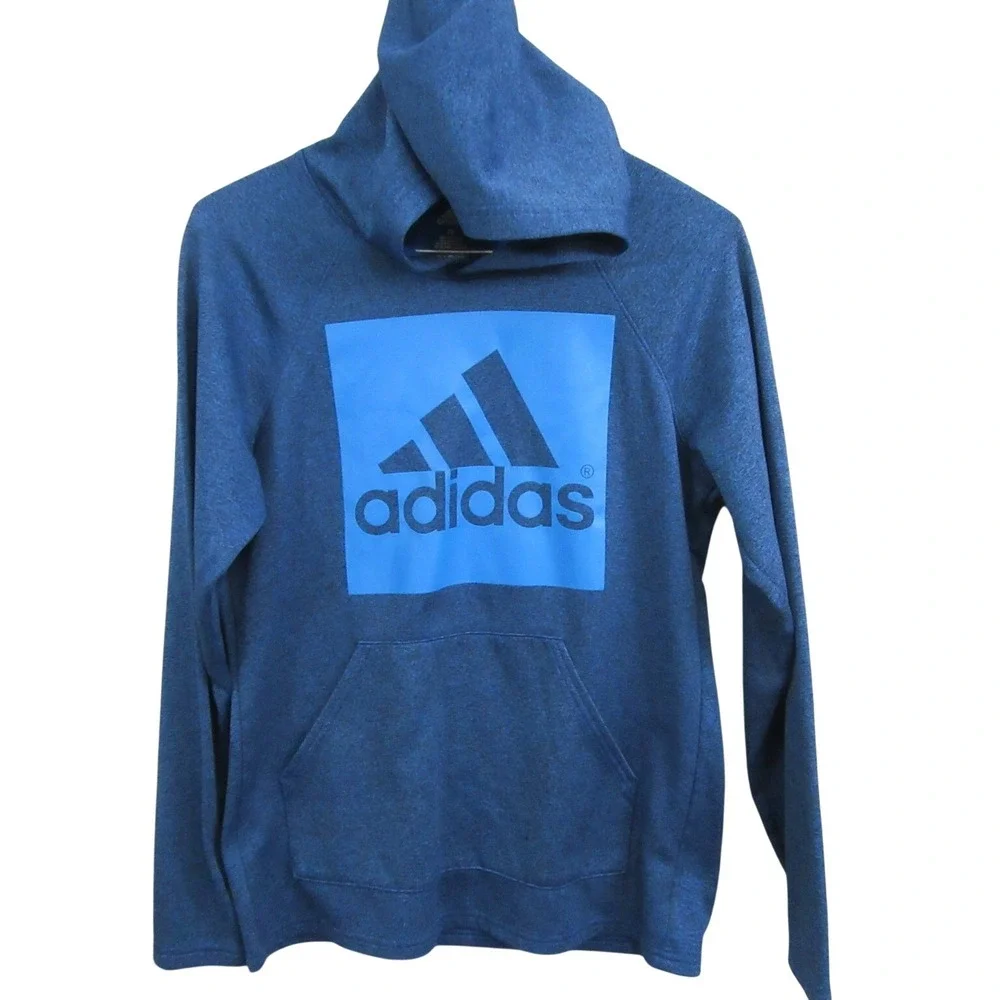 Adidas Mens Pullover Hoodie S Blue Fleece Hooded Pocket‎ Graphic Print